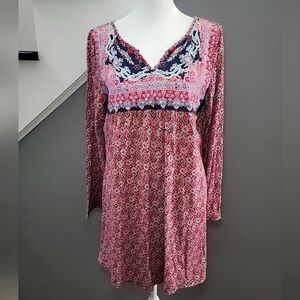 Lucky Brand Womens M Tunic Peasant Blouse Top Floral Long Sleeve Cotton Blend
